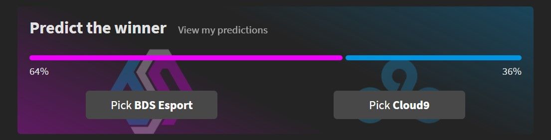 Example screenshot, showing predictions for BDS Esport vs Cloud9